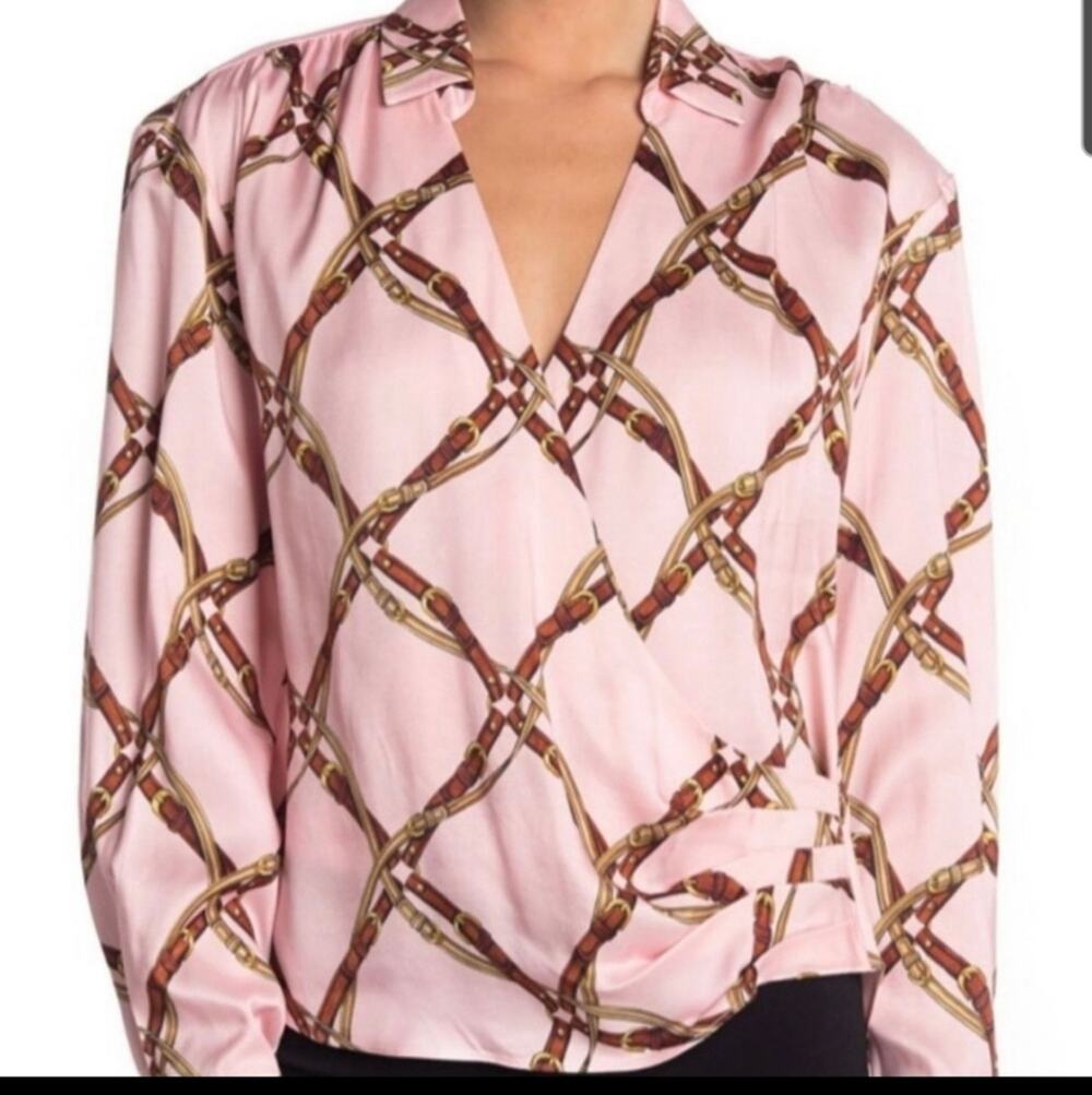 Jonathan Simkhai faux wrap link print pink blouse size large